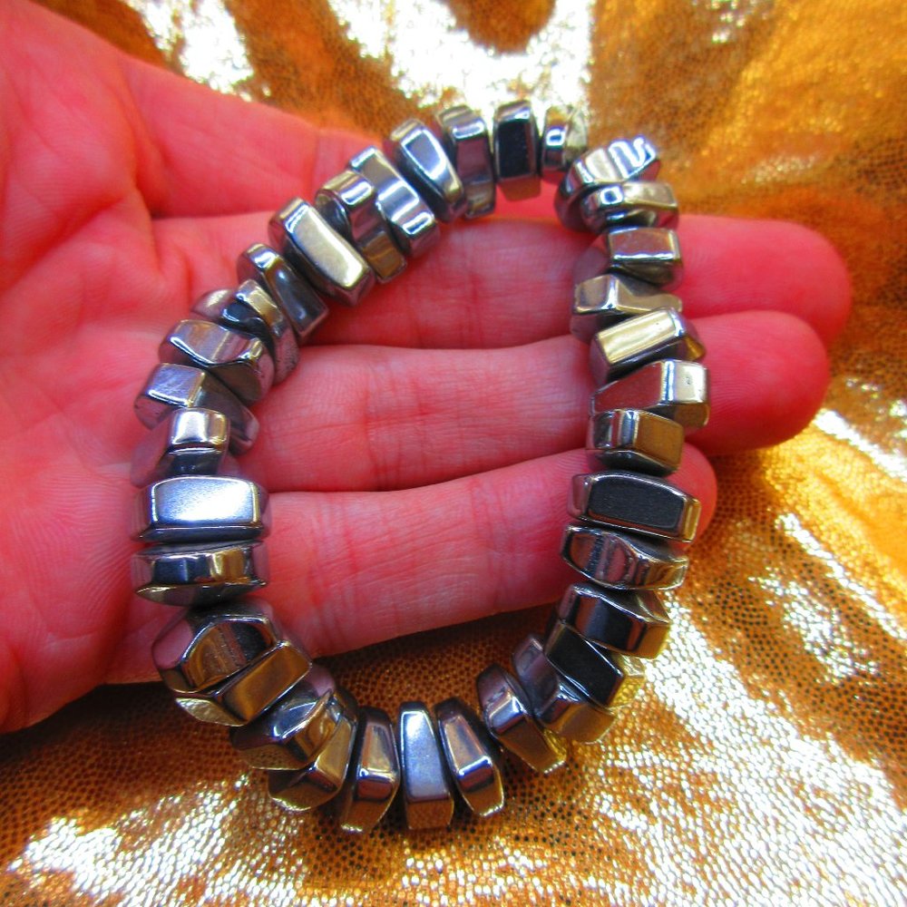 Silver Titanium Hematite Chunky Nuggets 7" Stretchy Gemstone Bracelet